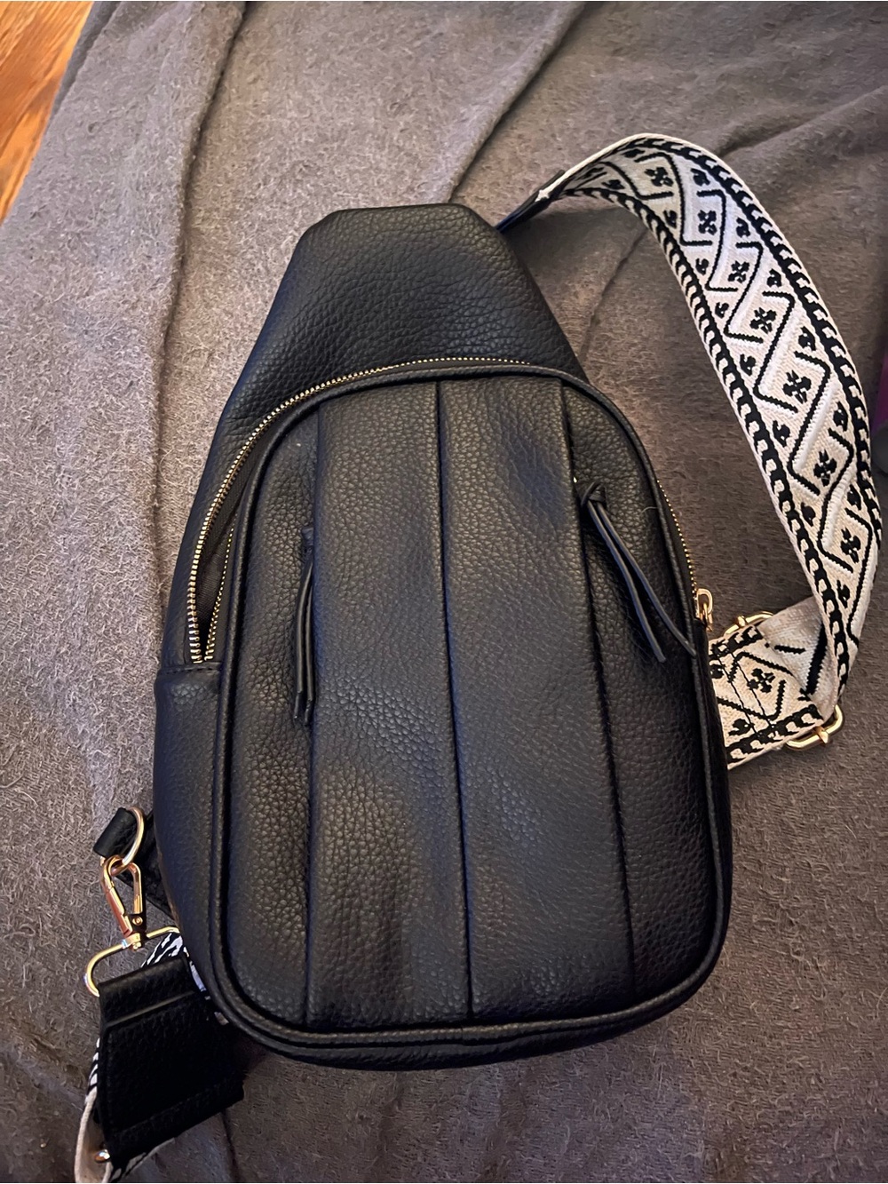 Black Leather Crossbody Sling Bag with Patterned Strap